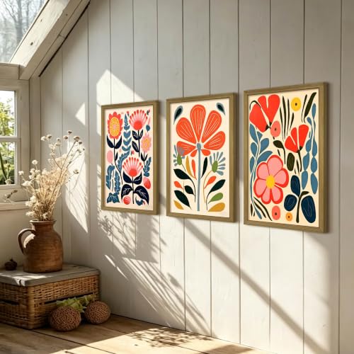 Framed Boho Colorful Floral Canvas Wall Art Set of 3, Mid Century Abstract Flower Print Picture, Scandinavian Folk Art Wall Decor Paintings for Living Room Bedroom Bathroom Home Decor 16x24 Inch - color: Colorful Flowers, size: 24"L x 16"W
