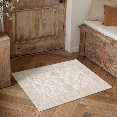 2x3 Beige Neutral Small Area Rug | Washable, Non Slip, Low Pile, Soft, Vintage, Distressed, Floral, Farmhouse, for Entryway Kitchen Bathroom Laundry Room - color: Beige, size: 2' x 3' (Rectangular)