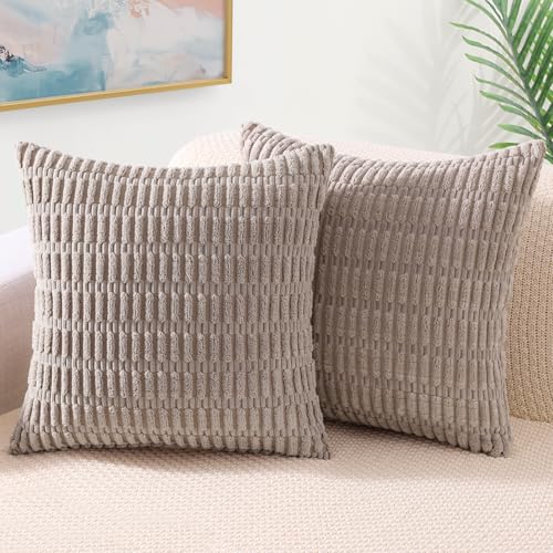 decorUhome Khaki Corduroy Throw Pillow Covers 24x24 Set of 2 | Boho Striped Decorative Lumbar Pillowcases Accent Modern Farmhouse Neutral Twill Pillow Covers for Bed Sofa Living Room - color: Light Brown, size: 24" x 24" (Pack of 2)