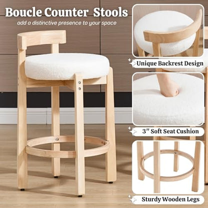HEAH-YO Mid Century Modern Sherpa Bar Stools Set of 6, 26.5" Counter Stools with Back, Boucle Upholstered Barstools with Solid Wood Legs Bar Chairs for Kitchen Island Dining Room, White - color: 26.5" White Sherpa, size: Counter Height - Set of 6