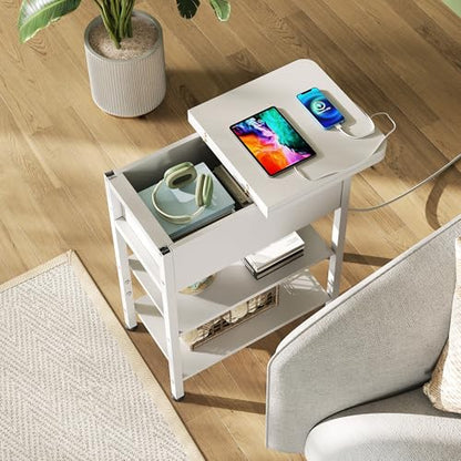 WLIVE 3-Tier End Table with Charging Station Flip Top Narrow Nightstand | 2 USB Ports+2 AC Outlets; Flip Top Hidden Storage; 2 Open Shelves; Small Space Living Room Bedroom; Sturdy Carbon Steel Frame - color: White