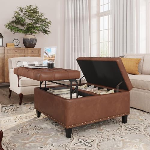 FiveWillowise 31.5 Inch Large Square Ottoman with Storage,Faux Leather | Coffee Table Storage Ottoman Bench with Lift Top Upholstered Footrest Stool Toy Box for Bedroom Living Room,Brown - color: Brown