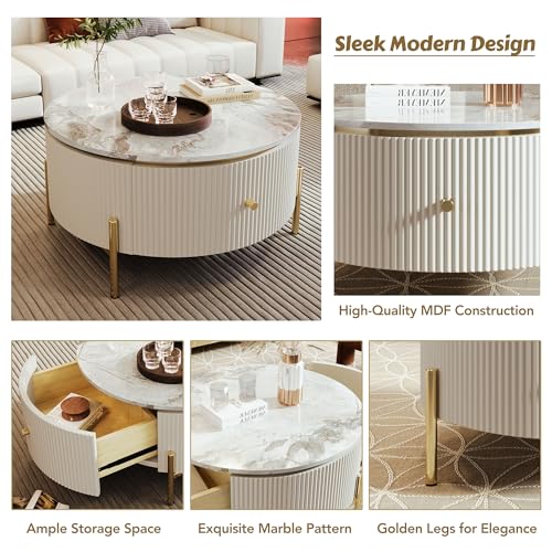 JUSTONE Modern Round White & Gold Coffee Table with Drawers,Drum Coffee Table with Golden Legs Circular Center Table with Marble Pattern Top for Living Room Apartment Office-White - color: 31.5'' - Off White