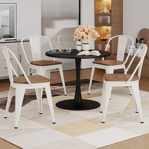 Alunaune 18inch Metal Dining Chair Set of 4 High Back Classic Chic Iron Farmhouse Chairs Industrial Stackable Coffee Stools Bistro Cafe Side Barstools Wood Seat-White - color: Cream White
