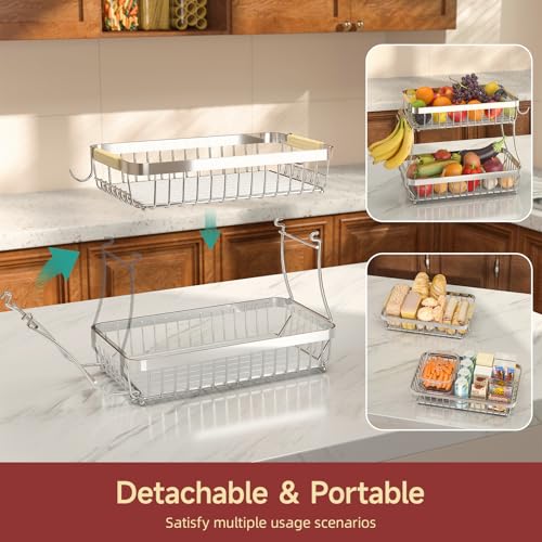 2-Tier Fruit Basket with Banana Hangers, Detachable Metal Bowl | Wooden handle, protective mats included. Versatile holder for bread, snacks, and veggies. Extra Large 2 tier metal design. - color: Silver, size: 2 Tier Extra Large