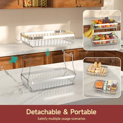 2-Tier Fruit Basket with Banana Hangers, Detachable Metal Bowl | Wooden handle, protective mats included. Versatile holder for bread, snacks, and veggies. Large 2 tier metal design. - color: Silver, size: 2 Tier