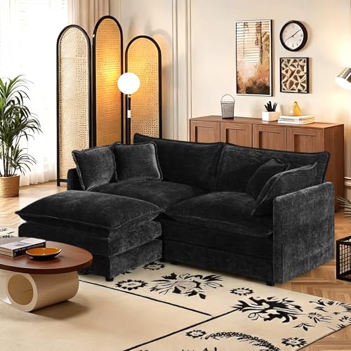 70.8" Chenille L Shaped Modular Sofa with Ottoman,Black | Randomly Assemble Modular Sofa Sets, Modern Recliner Deep Seat Sofa Set for Living Room,Office - color: Black, size: 2S+1O