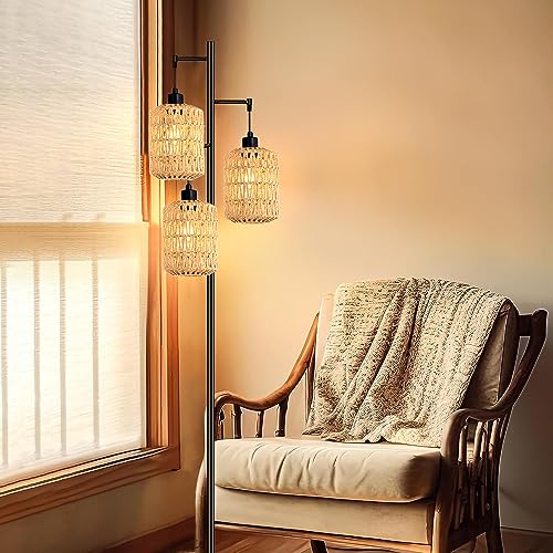 QIYIZM Floor Lamp for Living Room,Bedroom,3-Lights Boho Rattan Tree Floor Lights,Industrial Black Farmhouse Standing Lamp Wicker Rustic Tall Lamp,Woven Bamboo LampShade Floor Lamps Bohemian - size: 20-Floor Lamp