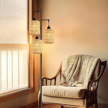 QIYIZM Floor Lamp for Living Room,Bedroom,3-Lights Boho Rattan Tree Floor Lights,Industrial Black Farmhouse Standing Lamp Wicker Rustic Tall Lamp,Woven Bamboo LampShade Floor Lamps Bohemian - size: 20-Floor Lamp