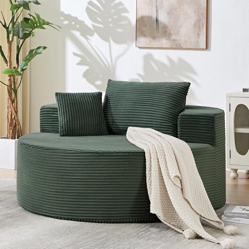 55in Round Chaise Longue Chair Indoor Modern Oversize Upholstered Deep Seat Circle Single Cloud Lounge Floor Sofa Bed with Pillow for Living Room Bedroom Apartment (Green) - color: Green