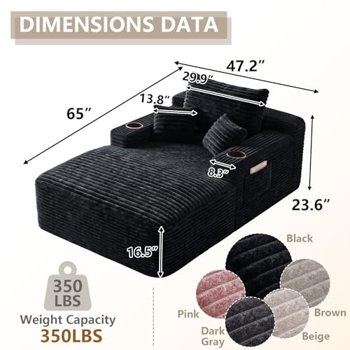 67" Oversized Chaise Lounge Indoor, Upholstered Deep Seat Cloud Couch Corduroy Lounge Chair, Modern Sofa Bed Loveseat Sleeper Chair for Living Room Bedroom Apartment, Black - color: Black, size: 67"