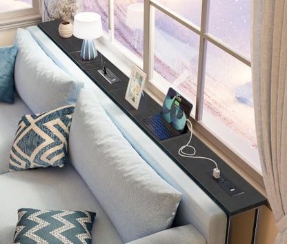 SUPERJARE 86.6 inch Narrow Console Table with Outlet, Sofa Tables, Behind Couch Table, Long Entryway Tables with Charging Station, for Living Room, Black - color: Black, size: 5.9''D x 86.6''W x 29.7''H