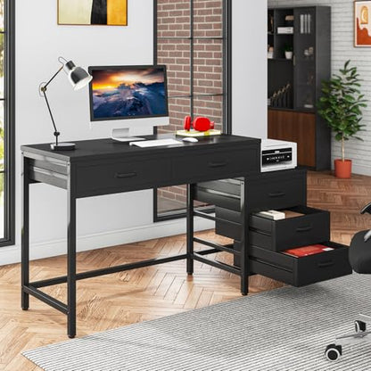 Tribesigns Computer Desk with 5 Drawers, Reversible Home Office Desks | Small Desk with Drawer Cabinet Printer Stand, PC Desk with Storage, Black Study Writing Table Workstation for Small Spaces - color: Black