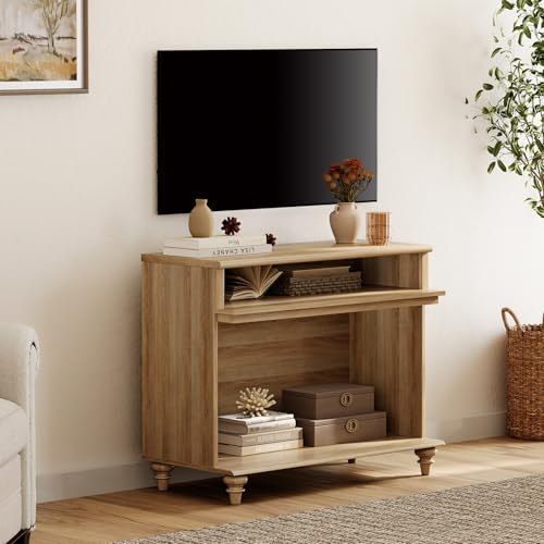 WAMPAT TV Stand for 43 Inch TV, Small Media Console Table Storage Cabinet for Living Room, Wood End Table with Storage Shelf, Oak