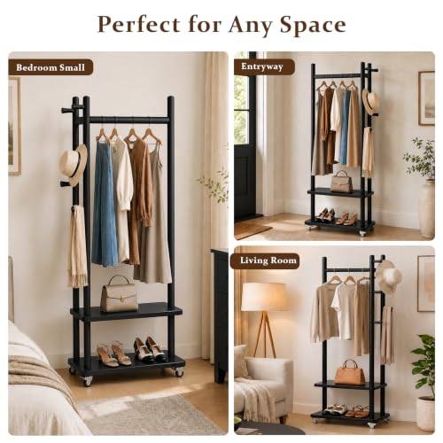 Coat Rack Solid Wood Stand Storage 2 Shelves 4 Hooks Black | Entryway hallway bedroom office, durable wood construction, freestanding design, coats hats bags storage - size: Black -S:18.9''D x 13''W x 71''H (With Wheels）