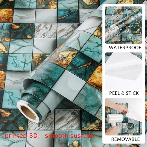 ReWallpaper 17.5in x 23ft Marble Mosaic Tile Wallpaper Peel and Stick Blue and Gold Waterproof Backsplash Contact Paper for Kitchen Wall Bathroom Laundry Room Coffee Bar Rental Home Accent Wall Decor - size: 17.5in x 23ft