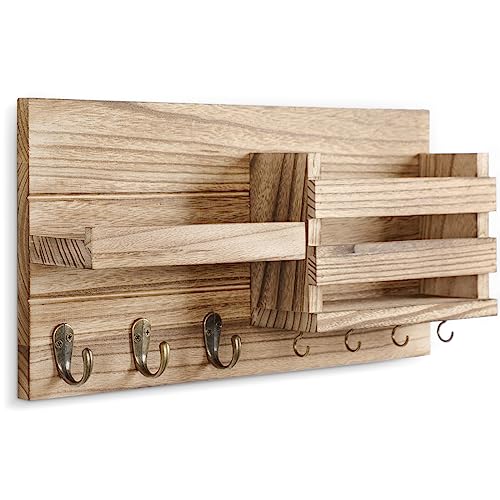 Lwenki Mail Organizer for Wall Mount – Key Holder with Shelf Includes Letter Holder and Hooks for Coats, Dog Leashes – Rustic Wood with Flush Mounting Hardware (16.5” x 8.7” x 3.5”) (Wood) - color: Wood