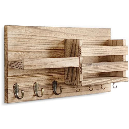 Lwenki Mail Organizer for Wall Mount – Key Holder with Shelf Includes Letter Holder and Hooks for Coats, Dog Leashes – Rustic Wood with Flush Mounting Hardware (16.5” x 8.7” x 3.5”) (Wood) - color: Wood