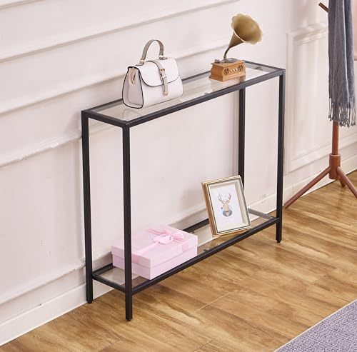 Small Modern Console Table for Entryway, Tempered Glass with Metal Frame Sofa Table for Living Room, Hallway, Office (Double-Layer, Black) - color: Black, style: Double-layer