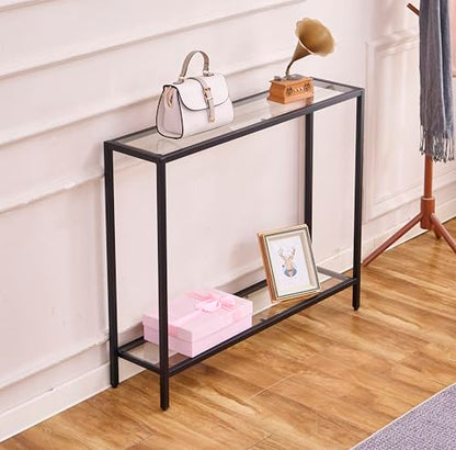 Small Modern Console Table for Entryway, Tempered Glass with Metal Frame Sofa Table for Living Room, Hallway, Office (Double-Layer, Black) - color: Black, style: Double-layer