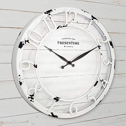 13" Farmhouse Series Wall Clock | Quartz Movement, Shiplap Style, Raised 3D Arabic Numeral, Antique Distressed White - color: Antique Distressed White, size: 13 inch