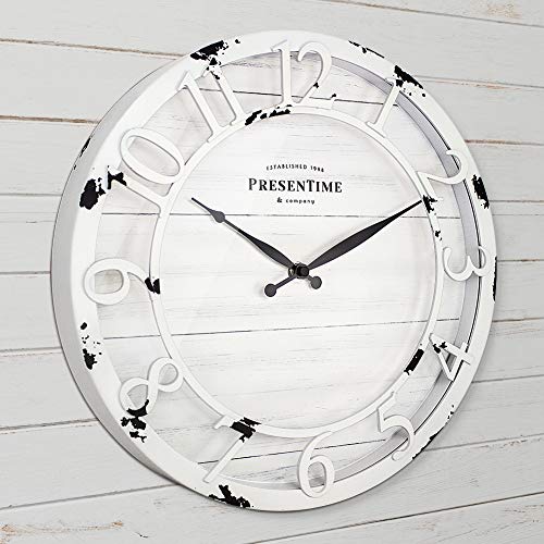 13" Farmhouse Series Wall Clock | Quartz Movement, Shiplap Style, Raised 3D Arabic Numeral, Antique Distressed White - color: Antique Distressed White, size: 13 inch