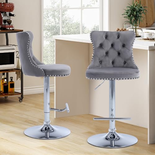 Velvet Bar Stool Set of 2, Adjustable Swivel Bar Stools with Silver Plated Metal Leg, Button Tufted, Footrest, Chrome Nailhead, Counter Height Chair for Kitchen, Bar, Dining Room (Grey) - color: Grey-silver Leg, size: Set of 2
