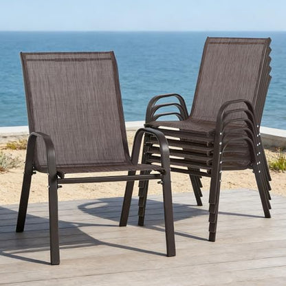 24.4" Wide Outdoor Stackable Chairs Set of 6 | Stacking Patio Chairs with Textilene Fabric, Outside Furniture for Garden Backyard Balconie Poolside Deck, Brown - color: 6 Brown Chairs