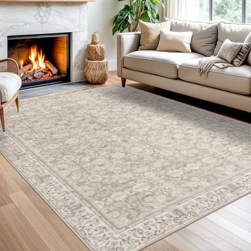 SIILOOM 5x7 Washable Area Rug, Non Slip Indoor Mat for Bedroom Living Room | Cream/Beige/Yellow/White Soft Vintage Spill & Stain Resistant Low Pile Carpet for Dining Room Under Table Bedside - color: Cream/Beige/Yellow/White/Grey, size: 5' x 7' (Rectangul