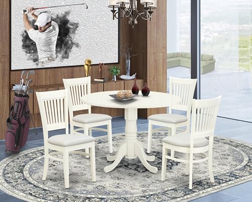 East West Furniture DLVA5-LWH-C 5 Piece Dining Table Set for 4 Includes a Round Kitchen Table with Dropleaf and 4 Linen Fabric Kitchen Dining Chairs, 42x42 Inch, Linen White - color: Dlva5-lwh-c