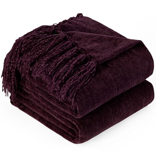 Chenille Throw Blanket for Couch - Soft Knit Blankets 60"X80" | Cozy Warm Lightweight Boho Decorative Knitted Blankets with Tassels for Bed and Sofa,Aubergine - color: Aubergine, size: 60"x80"