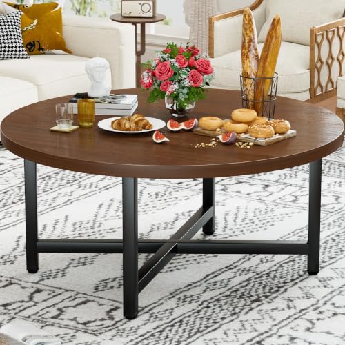 Coffee Table, Round Coffee Tables for Living Room, Floor Table for Sitting on The Floor, Center Coffee Table with Metal Frame for Office Apartment Home (31.5" D Round Walnut) - color: 31.5"d Round Walnut