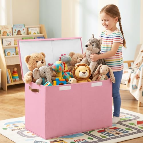 Large Toy Storage Box with Lids, Collapsible Sturdy Baby Storage Organizer Chest Bin Basket for Kids, Boys, Girls, Playroom, Nursery, Bedroom, Closet 25"x13"x16" (Pink) - color: Pink