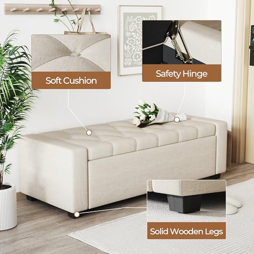 Ottoman with Storage Bench,Large Storage Ottoman Entryway Benches Ottoman Bench with Cushion and Safety Hinge - color: Beige