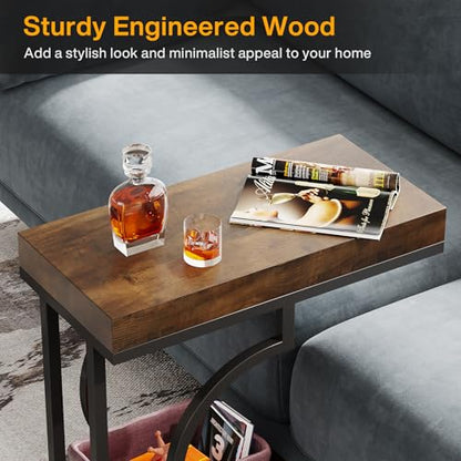 Tribesigns Narrow Side Table Set of 2, C Shaped End Table for Couch, Modern Bedside Tables with Metal Frame, Small Sofa Tables for Small Spaces, Living Room (2, Brown+Black) - color: Brown+black