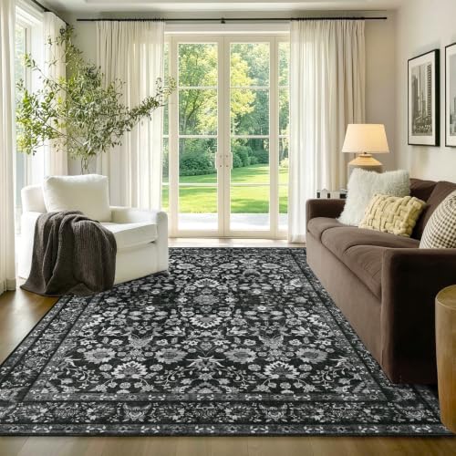 4x6 Ft Area Rugs for Living Room, Soft Non-Slip Machine Washable Rug, Vintage Stain Resistant Carpets for Bedroom Nursery Dining Room Home Decor (Black) - color: F06 Black, size: 4' x 6' (Rectangular)