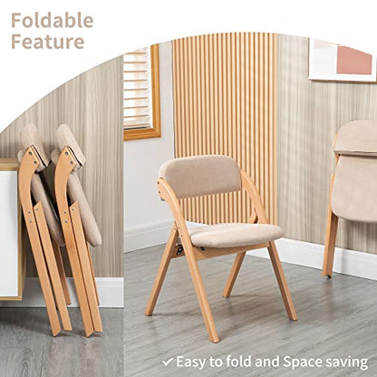 Folding Chairs with Padded Seats | Wooden Stackable Dining Chair Set of 2 with Removable Cover Extra for Guests Kitchen Office Wedding Party Picnic, Khaki - color: Khaki, size: 2PCS
