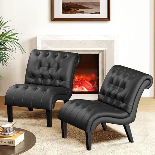 PU Leather Accent Chairs Set of 2 Button Tufted Upholstered Modern Armless Lounge Chair for Bedroom Living Room Side Chairs with Wood Legs Black - color: Black Pu, size: 2 Chairs
