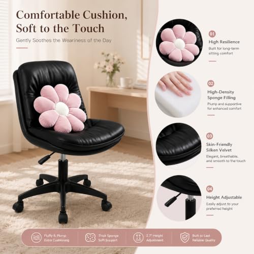 Adjustable Height Vanity Chair with Backrest, Armless PU Leather Desk Chair with Wheels & Lumbar Support, 360° Swivel Ergonomic Computer Office Chair for Home Office Makeup Desk, Black - color: Black