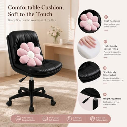 Adjustable Height Vanity Chair with Backrest, Armless PU Leather Desk Chair with Wheels & Lumbar Support, 360° Swivel Ergonomic Computer Office Chair for Home Office Makeup Desk, Black - color: Black
