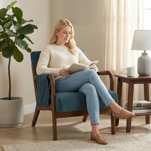 DUMOS Mid Century Modern Accent Chair, 17'' Seat Height with Side Pocket | Upholstered Small Side Chair with Waist Cushion and Wood Frame for Living Room, Bedroom, Reading Nook, Navy Blue - color: Navy Blue, size: Set of 1