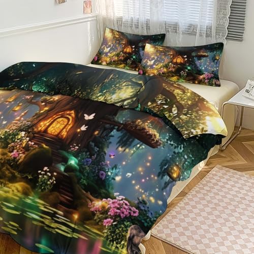 Enchanted Fairy Forest 3 Piece Reversible Bedding Set 102"x90",Double Sided Brushed Microfiber Duvet Cover Set with 2 Pillowcases Soft Breathable Comforter Cover for Home - color: Enchanted Fairy Forest, size: 102"x90"