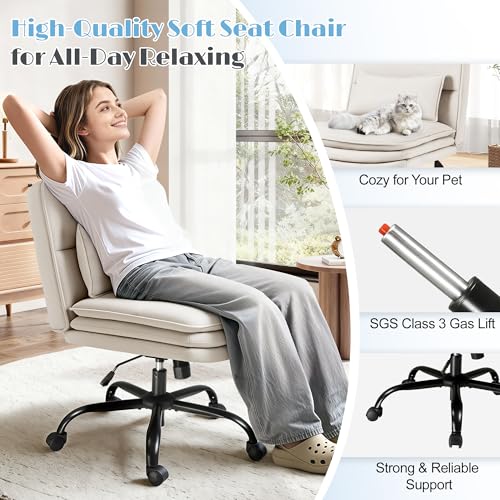 Furmax Criss Cross Legged Office Chair with Wheels, Armless Extra Wide Seat Swivel Desk Chair, Adjustable Height Comfy Task Chair with Thick Cushion for Home Office Bedroom Vanity (Fabric, Beige) - color: Beige