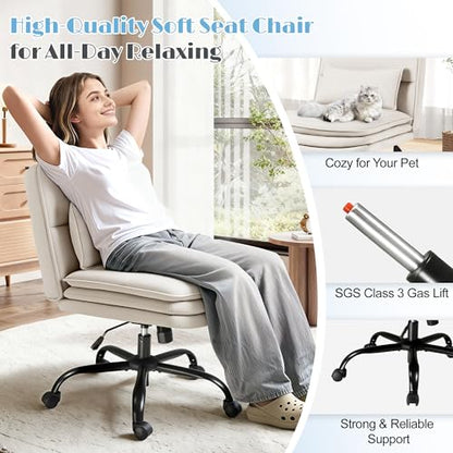 Furmax Criss Cross Legged Office Chair with Wheels, Armless Extra Wide Seat Swivel Desk Chair, Adjustable Height Comfy Task Chair with Thick Cushion for Home Office Bedroom Vanity (Fabric, Beige) - color: Beige