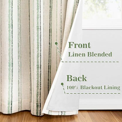 MYSKY HOME Green Striped Curtains 63 Inches Long for Bedroom 100% Blackout Ticking Stripe Pinstripe Patterned Linen Double Layer Curtains Farmhouse Drapes, Grommet, 2 Panels, 52" Wide - color: Green/Blackout, size: 52"W x 63"L (Pack of 2)