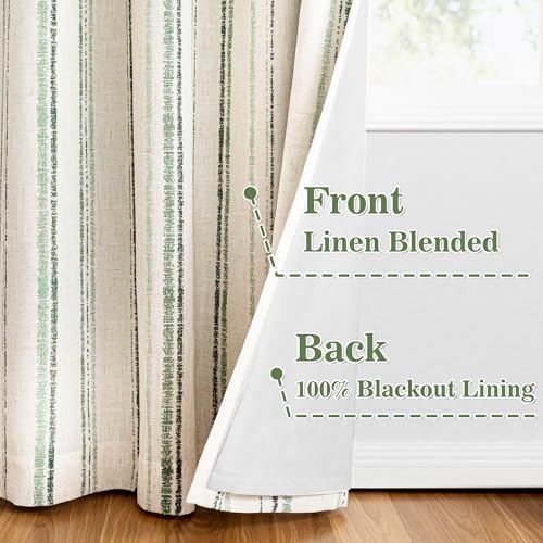MYSKY HOME Green Striped Curtains 96 Inches Long for Living Room 100% Blackout Linen Farmhouse Green Ticking Stripe Pinstripe Patterned Double Layer Drapes, Grommet, 2 Panels, 52" Wide - color: Green/Blackout, size: 52"W x 96"L (Pack of 2)