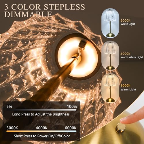 2 Pack Touch Cordless Table Lamp Rechargeable, 3600mAh Battery Operated Small Crystal Lamp, 3 Color Dimmable Vintage Gold Table Light for Bedroom/Kitchen/Gift for Home Décor (Vintage) - style: Vintage