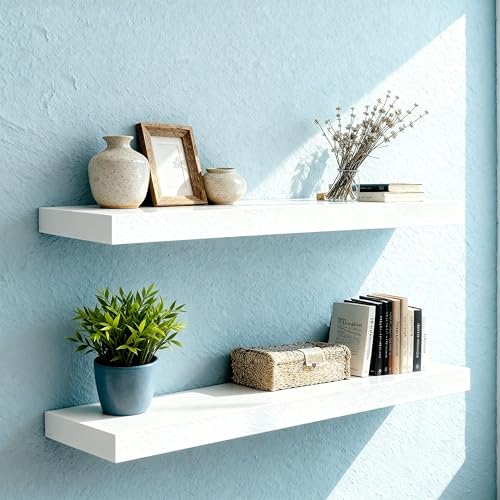 Floating Shelves for Wall(Set of 2)-36 Inch White Wood Wall Shelf with Invisible Brackets for Bathroom,Bedroom,Drawingroom,Kitchen for Decor(2pcs,White) - color: White, size: 7.8"D x 36"W x 1.73"H