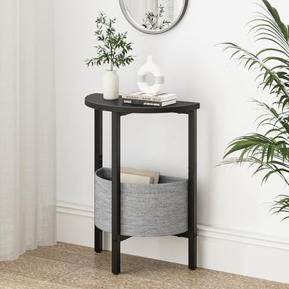 Small Round Side Table End Table, Tall Accent Table with Storage Basket, Set of 2 Half Round Tables Half Moon Tables, Coffee Bedside Tables, Modern Nightstand for Living Room Bedroom, Black - color: Black