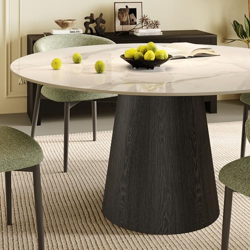 53" Round Dining Table for 6, Sintered Stone Top Solid Wood Pedestal, Snowy White+Black (Table Only) - color: Snowy White+black, size: 53"